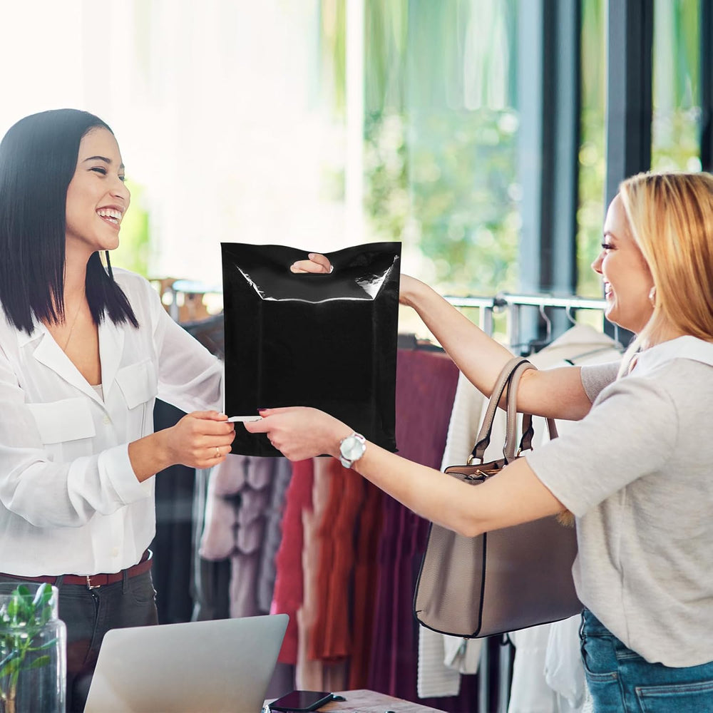 GoClimber 100 Pack Black Plastic Bags, 9"x12" Merchandise Bags With Die Cut Handles Retail Shopping Bags for Small Business Boutique Stores Gifts