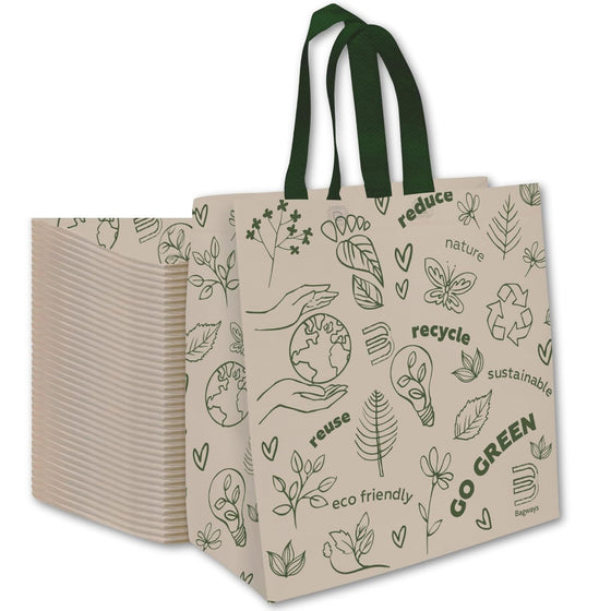 Bagways 30 PACK Reusable Grocery Bags with Handles, Durable, Foldable, Washable Eco-Friendly Shopping Totes, 14x6.5x14 Inch, Beige/Green Eco Doodles Design