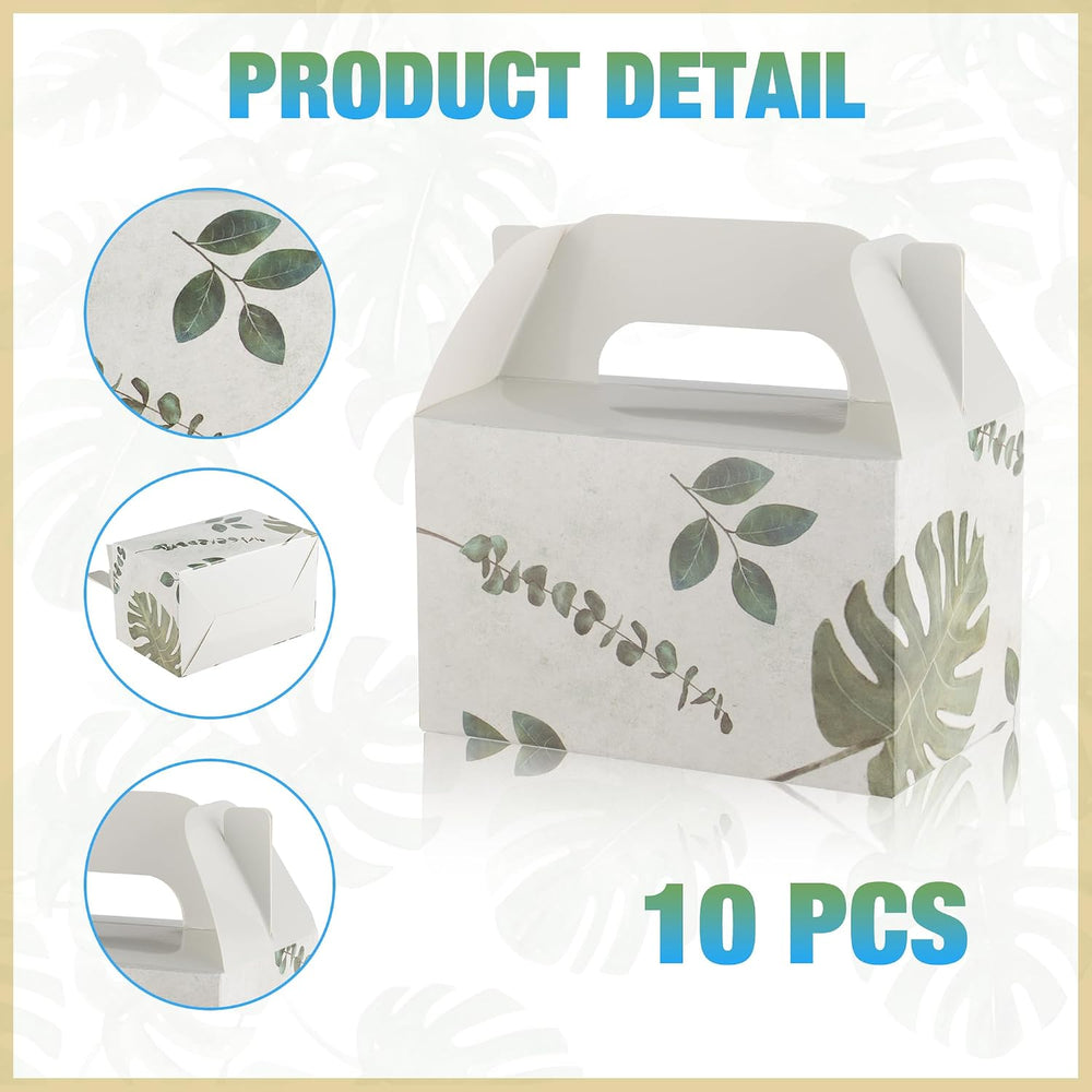 NyuOurea 10 PCS Green Leaf Gable Favor Treat Boxes, 6.5 x 4 x 4 Inches Gift Box with Handle, Goodie Boxes for Candy, Cookie, Tea, Spring Picnic, Baby Shower Party, Garden Wedding, Birthday, Graduation