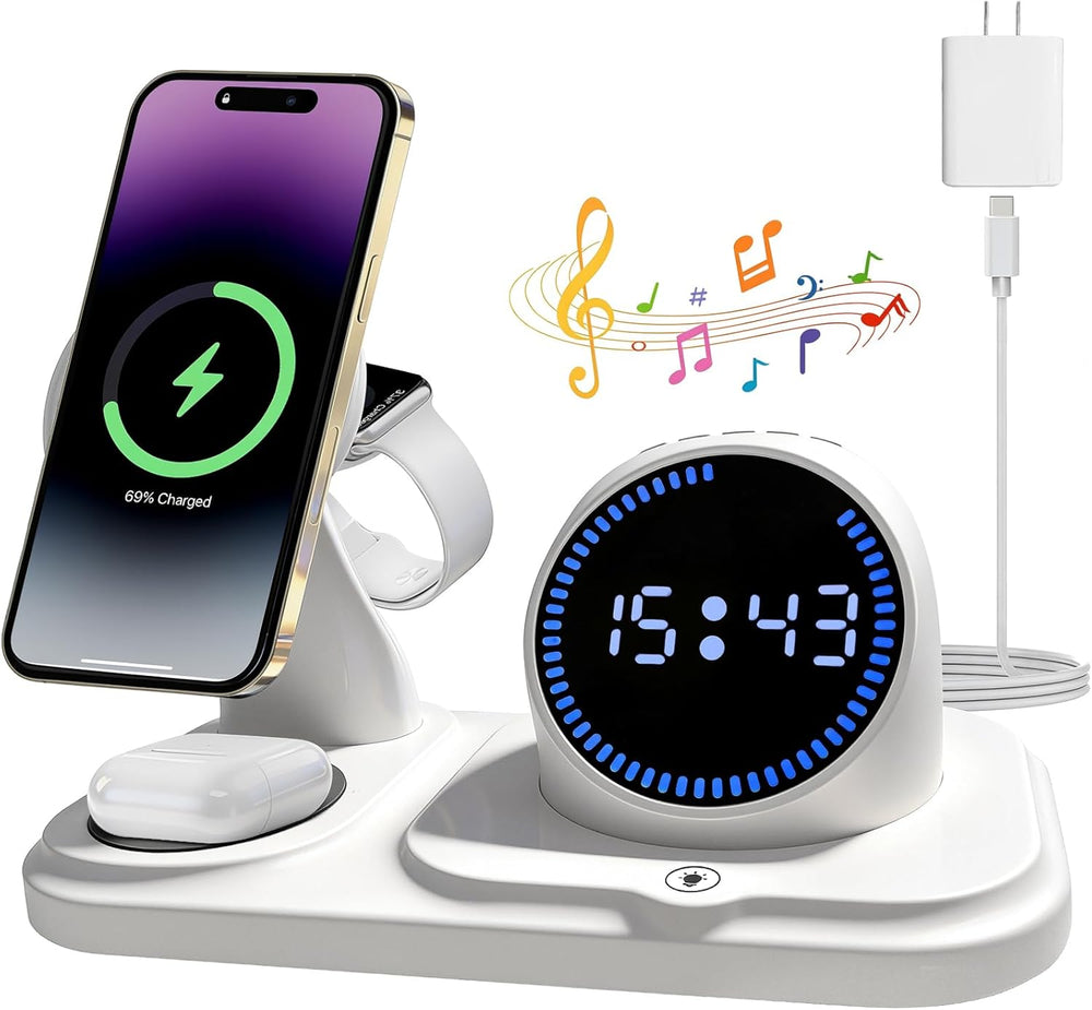 6-in-1 Wireless Charging Station with Bluetooth Speaker,Digital Clock and Ambient Lights,Fast Wireless Charger for for Multiple Devices for Apple - iPhone 17 16 15 14 13 12 Pro Max Apple Watch Airpods