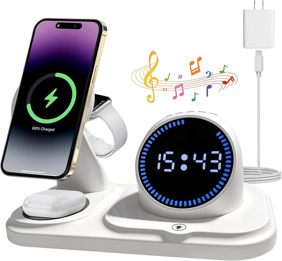 6-in-1 Wireless Charging Station with Bluetooth Speaker,Digital Clock and Ambient Lights,Fast Wireless Charger for for Multiple Devices for Apple - iPhone 17 16 15 14 13 12 Pro Max Apple Watch Airpods