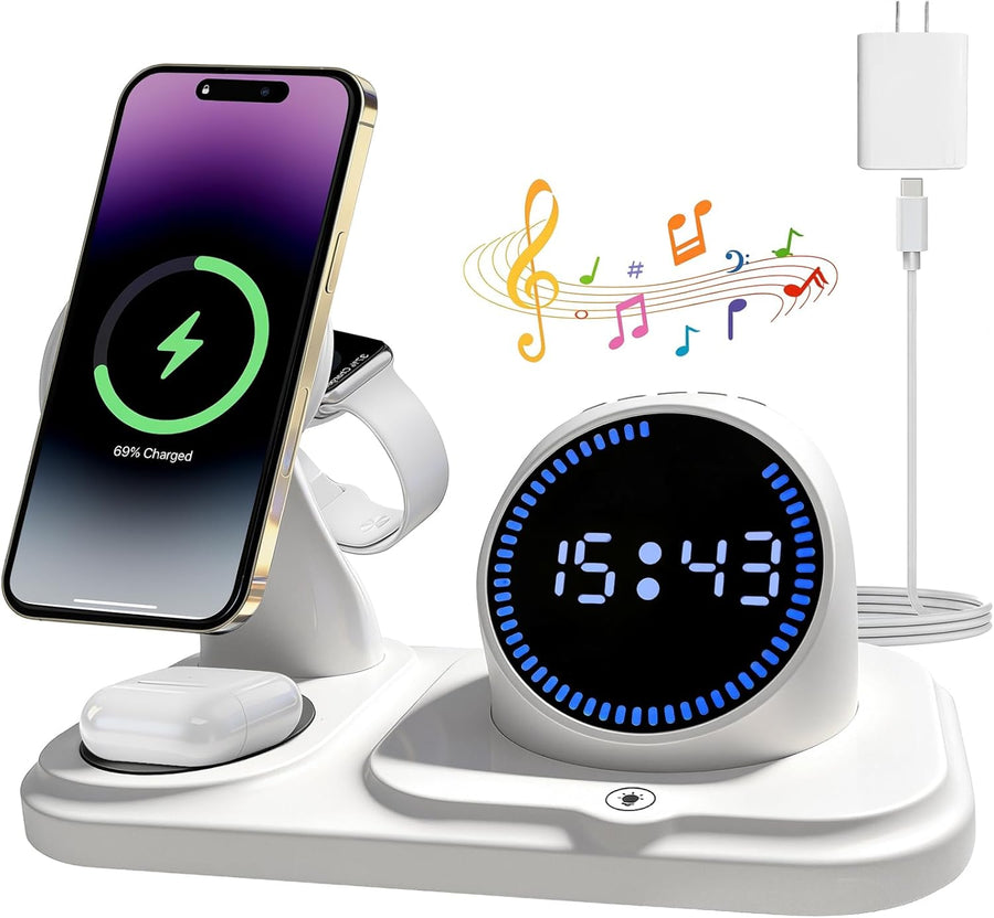 6-in-1 Wireless Charging Station with Bluetooth Speaker,Digital Clock and Ambient Lights,Fast Wireless Charger for for Multiple Devices for Apple - iPhone 17 16 15 14 13 12 Pro Max Apple Watch Airpods
