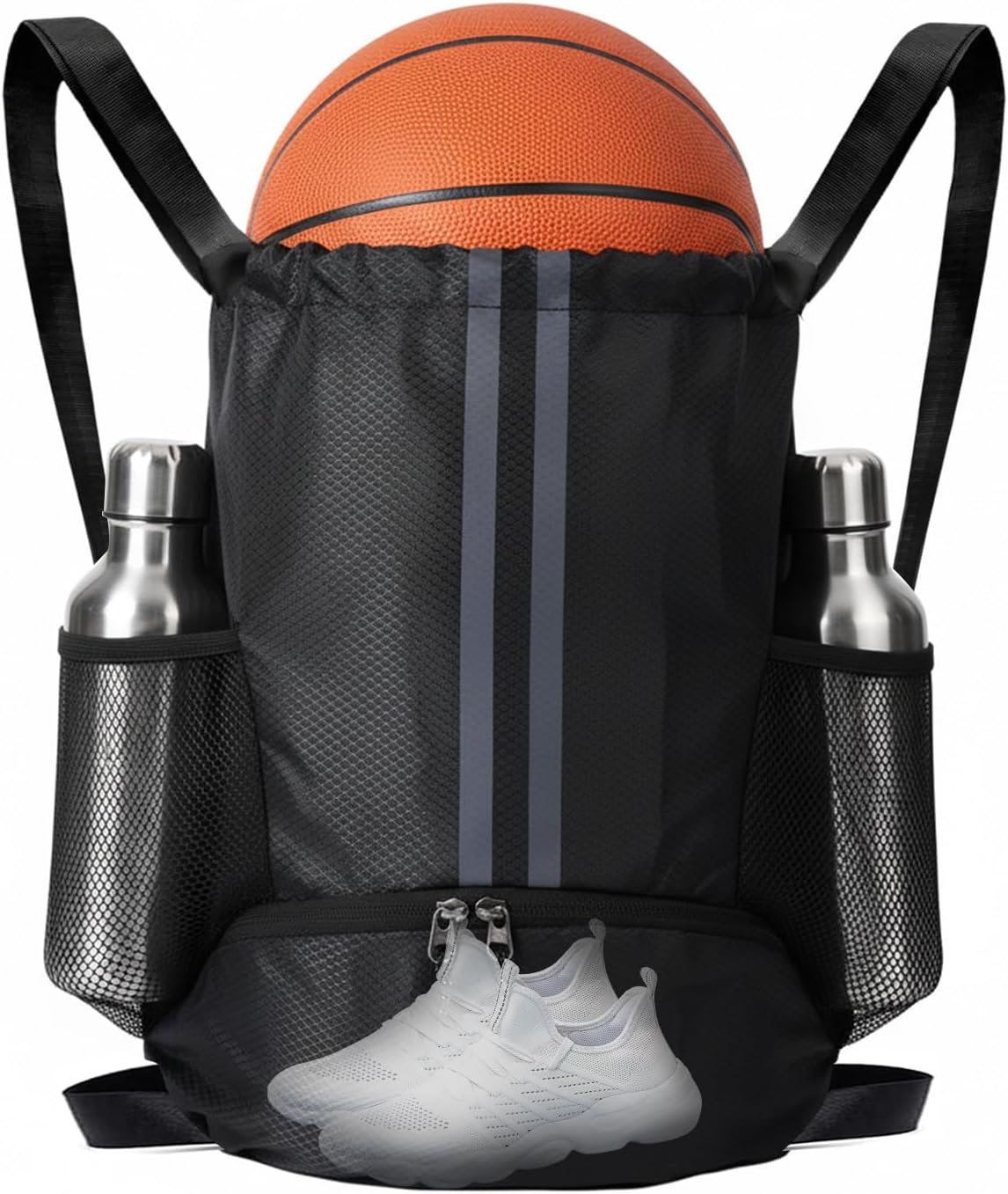 Sports Drawstring Backpack with Shoes Compartment, String Gym Bag with Wet Proof Pocket for Basketball, Soccer, Swim, Black Sport Bag for Men and Women
