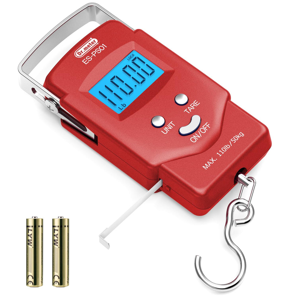 Dr.meter Fish Scale Luggage Scale Fishing Gear - 110lb Backlit LCD Display Digital Scale with Built-in Measuring Tape - Fishing Scale with 2 AAA Batteries, Pocket Size - Fishing Gifts for Men
