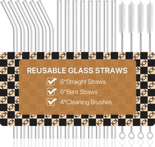 18-Pack Glass Straws, Reusable Clear Glass Drinking Straws Set, 8.5 Inch x 10mm - Includes 8 Straight and 6 Bent with 4 Straw Cleaner Brush, Perfect for Smoothies, Milkshakes, Juice, Tea