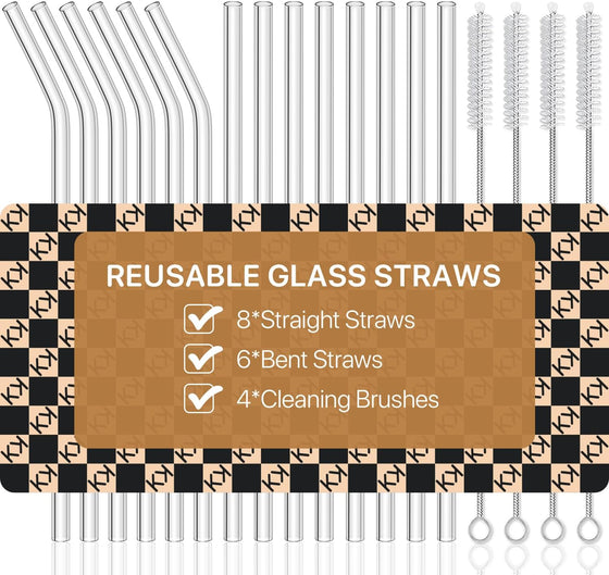 18-Pack Glass Straws, Reusable Clear Glass Drinking Straws Set, 8.5 Inch x 10mm - Includes 8 Straight and 6 Bent with 4 Straw Cleaner Brush, Perfect for Smoothies, Milkshakes, Juice, Tea