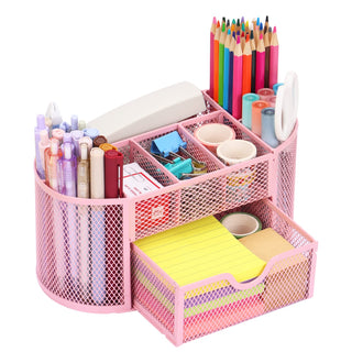 EOOUT Desk Organizer, Pencil Holder for Desk, Mesh Office Desk Accessories with 8 Compartments and 1 Drawer Stationery Holder School Supplies