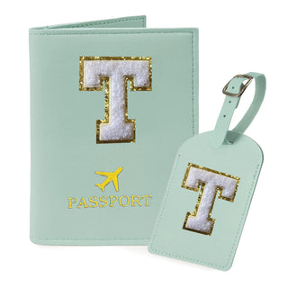 COSHAYSOO Purple Passport Cover Holder and Initial Luggage Tag Set TSA Approved with Personalized Monogram Chenille Letter Patch for Women Teen Girls, Cute Travel Bag Suitcase Identifier (A)