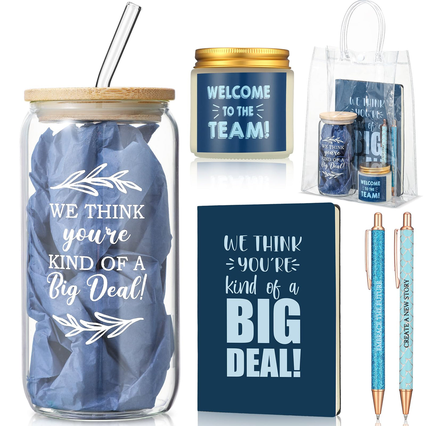 Thenshop 6 Pcs Welcome to the Team Gifts Bulk for New Employee Inspirational Glass Tumbler Notebook Pens Scented Candle with PVC Bag Employee Appreciation Gift Set for New Coworker Office (Sage Green)
