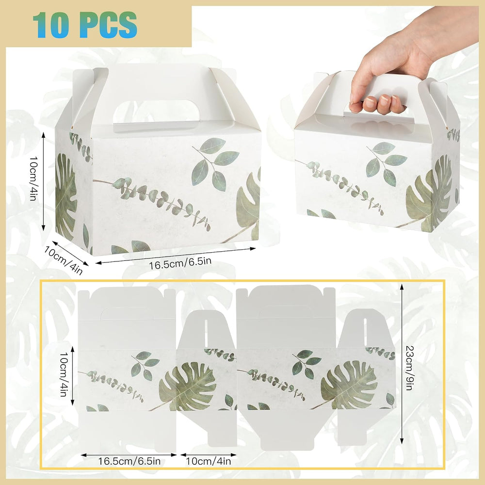 NyuOurea 10 PCS Green Leaf Gable Favor Treat Boxes, 6.5 x 4 x 4 Inches Gift Box with Handle, Goodie Boxes for Candy, Cookie, Tea, Spring Picnic, Baby Shower Party, Garden Wedding, Birthday, Graduation