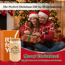 wtisan Housewarming Gifts for New Home - Sweet Home Aesthetic Can Shaped Glass Cup, 16oz Iced Coffee Tumbler - House Warming Gift Ideas with Lid, Straw & Card for Couple, New Homeowner