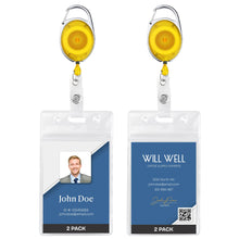 Will Well ID Badge Holders with Clip and Keyring - Vertical Clear Plastic 2.52" x 3.58" Sleeves Fit Up to 3 Cards - Retractable 24" UHMWPE Fiber Pull Cords for Easy Access - 2-Pack, Black Reels