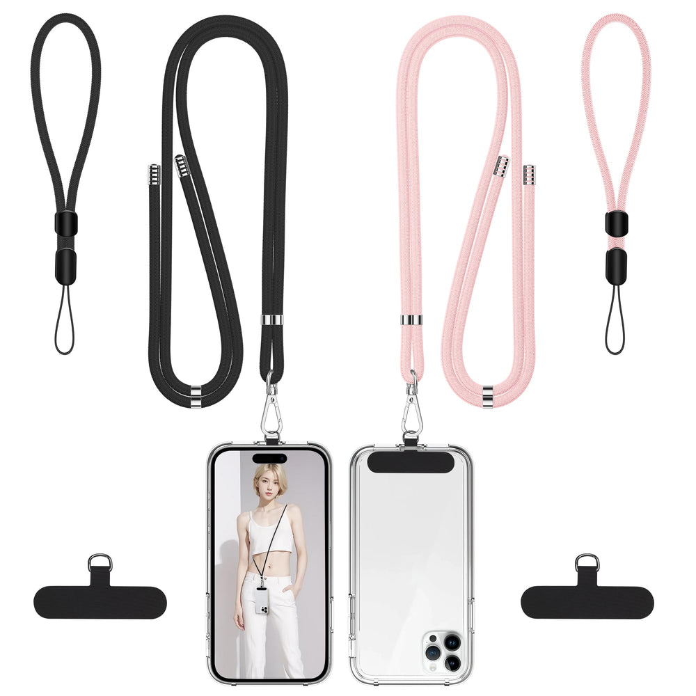 takyu Phone Lanyard, 2 Pack Adjustable Cell Phone Lanyard Crossbody Neck Strap & 2 Pack Phone Wrist Strap with 2 Pcs Tether Tabs Compatible for iPhone Android Smartphones-Black Grey