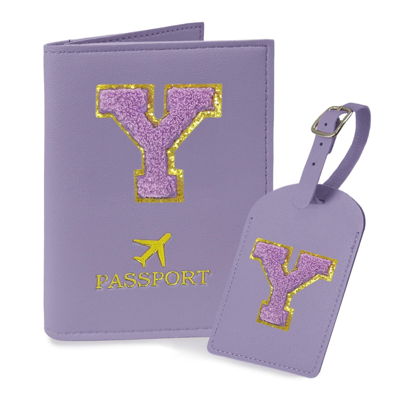 COSHAYSOO Purple Passport Cover Holder and Initial Luggage Tag Set TSA Approved with Personalized Monogram Chenille Letter Patch for Women Teen Girls, Cute Travel Bag Suitcase Identifier (A)