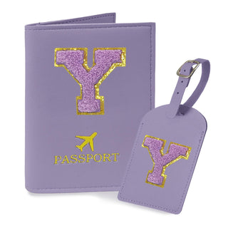COSHAYSOO Purple Passport Cover Holder and Initial Luggage Tag Set TSA Approved with Personalized Monogram Chenille Letter Patch for Women Teen Girls, Cute Travel Bag Suitcase Identifier (A)