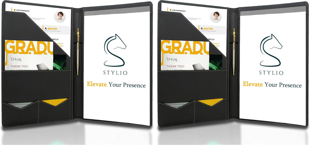 STYLIO Padfolio Portfolio Organizer Binder | Interview Resume Folder, Legal Document, Business Card Holder |w/Letter-Sized Notepad | Handsome Piano Noir Faux Leather Folio Matte Finish, Accent Stitch