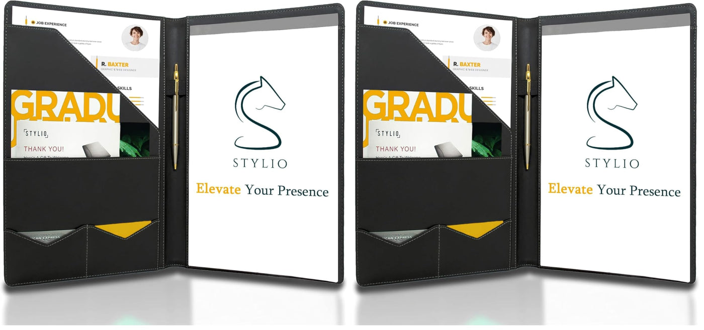 STYLIO Padfolio Portfolio Organizer Binder | Interview Resume Folder, Legal Document, Business Card Holder |w/Letter-Sized Notepad | Handsome Piano Noir Faux Leather Folio Matte Finish, Accent Stitch
