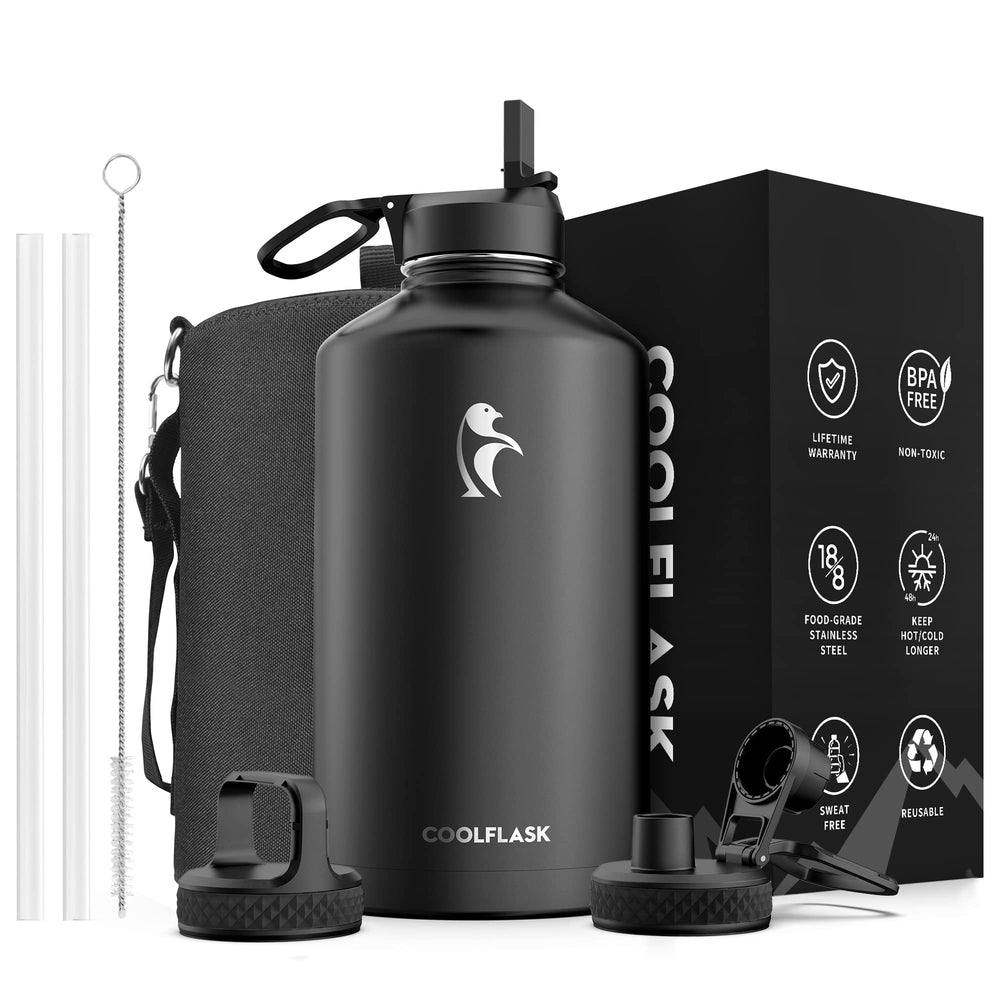 Water Bottle 40 oz Insulated with Straw&Brush, Coolflask Vaccum Stainless Steel Metal 3 Lids Water Flask for Sports, Gym or Office, Keep Cold 48H Hot 24H, Magic Black