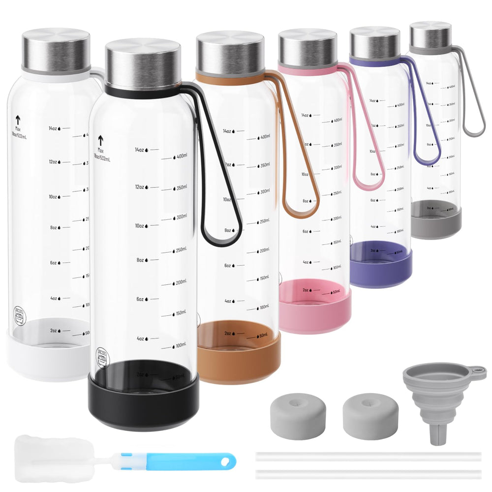 Sursip 18oz Glass Water Bottle Set of 6, Clear glass juice bottle for juicing，Reusable Drinking Bottles with Stainless Steel Lid，Beverage Storage Containers for Refrigerator-BPA Free，Leak Proof