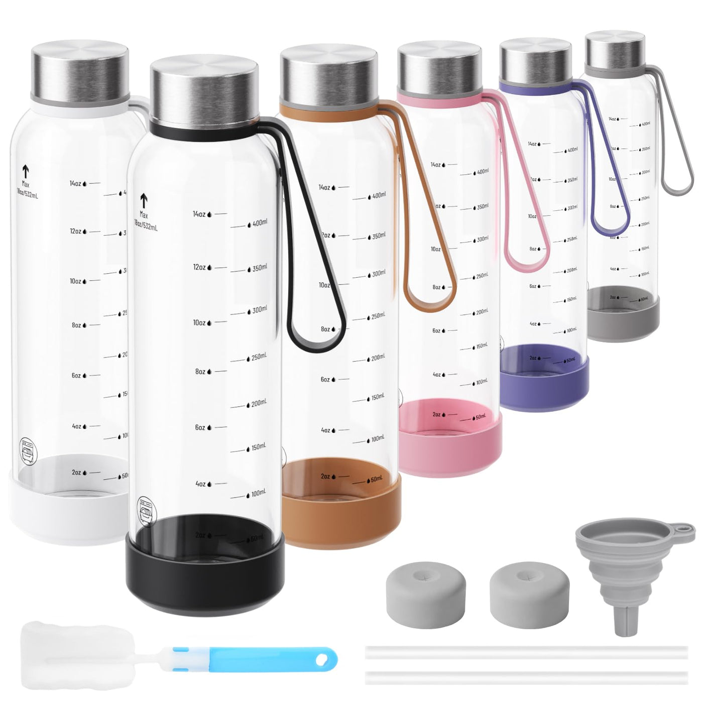 Sursip 18oz Glass Water Bottle Set of 6, Clear glass juice bottle for juicing，Reusable Drinking Bottles with Stainless Steel Lid，Beverage Storage Containers for Refrigerator-BPA Free，Leak Proof
