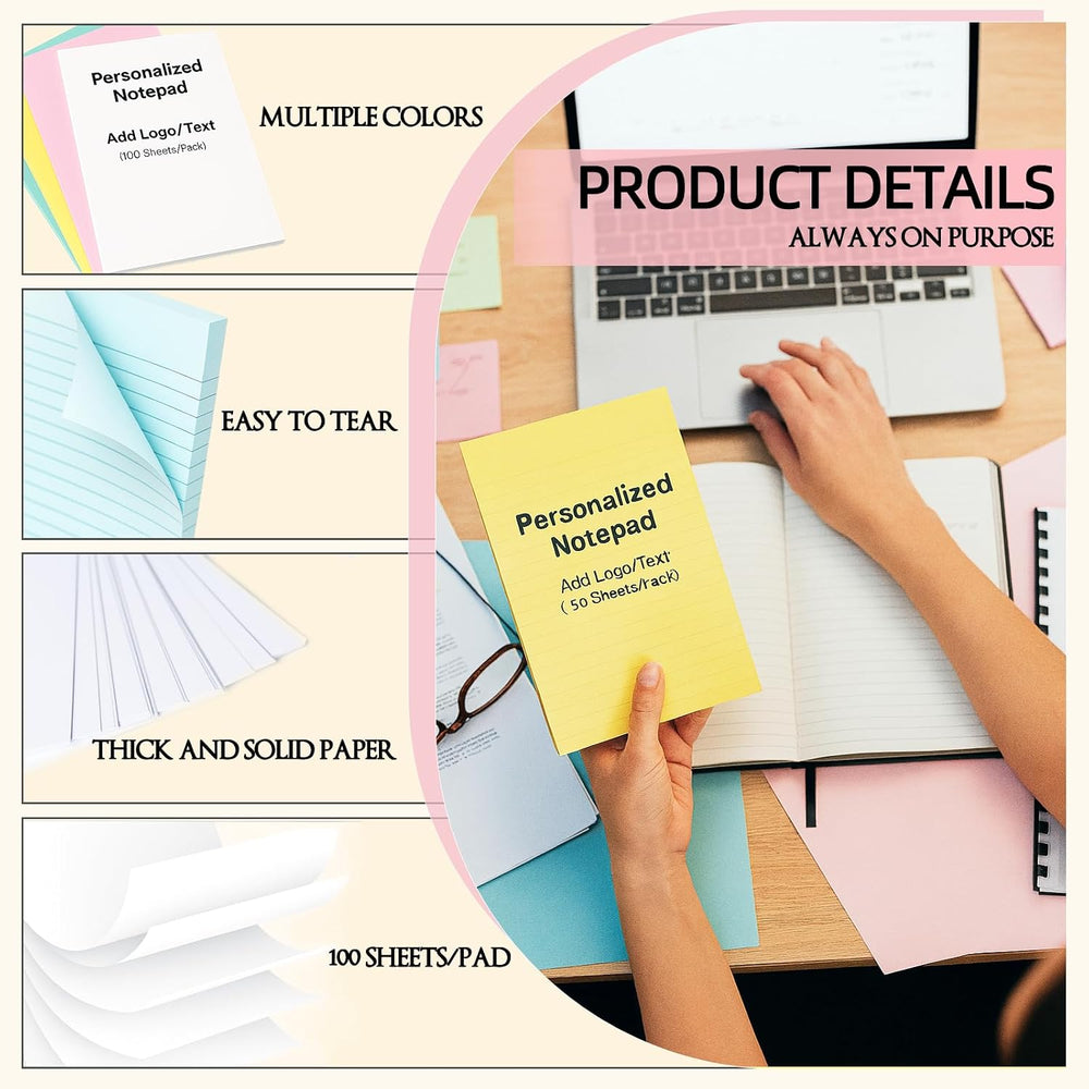 10-1000 Pads Personalized Notepads Bulk - Custom Notepad with Logo & Text 4.25"x5.5" 50 Sheets Pads for Office Business Classroom (Small(4.25''x5.5''))