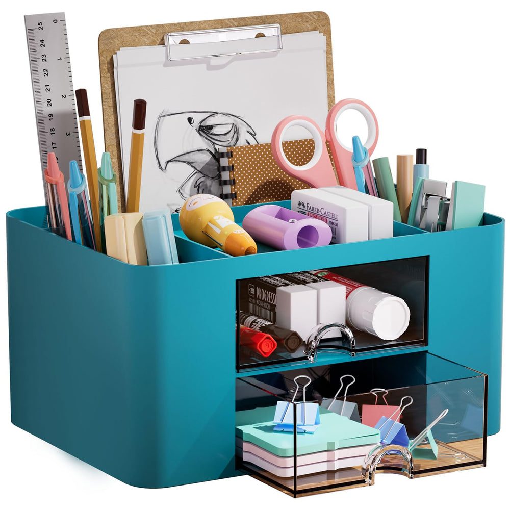 Marbrasse Pen Organizer with 2 Drawer, Multi-Functional Pencil Holder for Desk, Desk Organizers and Accessories with 5 Compartments + Drawer for Office Art Supplies (White)