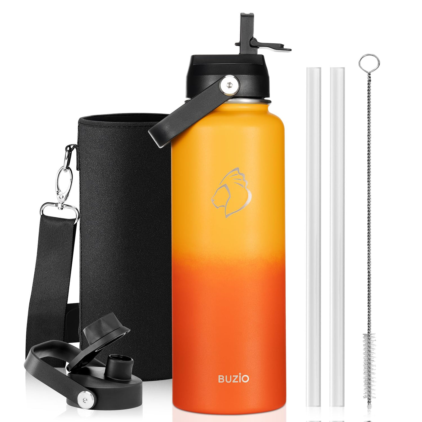 BUZIO 40oz Insulated Water Bottle, Triple Wall Vacuum Stainless Steel Water Flask with 2 lids, Lead-Free BPA-Free Straw Lid Sports Canteen Jug, Cold 48H & Hot 24H- Black