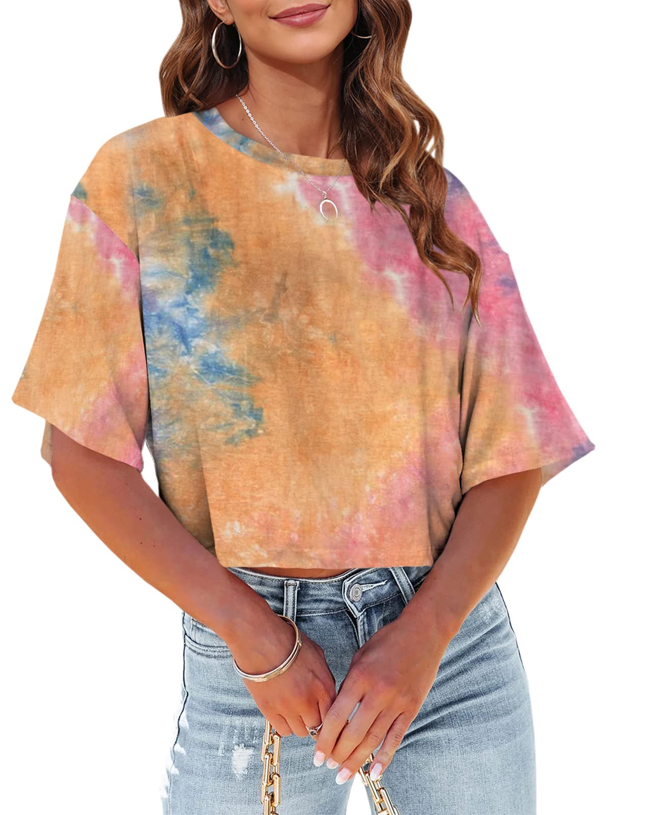 Tankaneo Women Half Sleeve Cropped T-Shirts Drop Shoulder Round Neck Crop Tops Casual Summer Solid Color Basic Tees