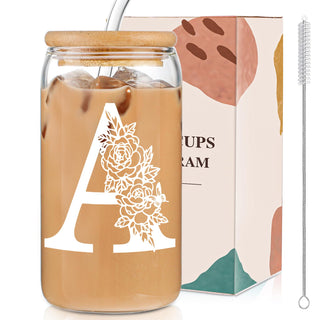 DWTS DANWEITESI Birthday Gifts for Women: Initial Glass Cup as Office Graduation Memorial Holiday Personalized Gifts - for Teacher Employee Nurse Coworkers Bridesmaid Bride - R Aesthetic Cup