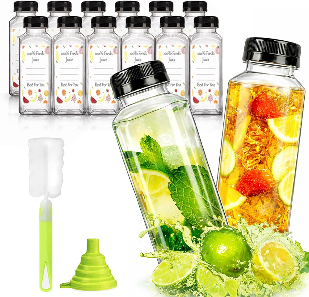 12pcs 12oz Plastic Juice Bottles, Reusable Juice Containers with Black Tamper Proof Lids, Brush, Funnel and Labels, Clear Juice Containers for Juicing, Smoothie and Homemade Beverages