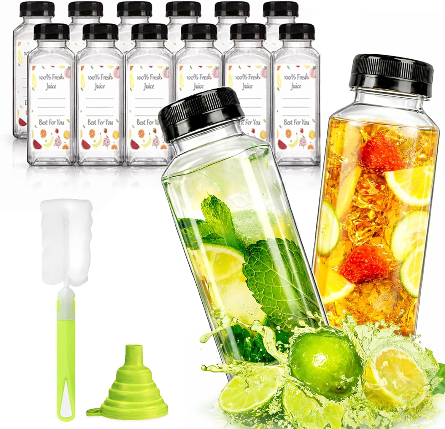 12pcs 12oz Plastic Juice Bottles, Reusable Juice Containers with Black Tamper Proof Lids, Brush, Funnel and Labels, Clear Juice Containers for Juicing, Smoothie and Homemade Beverages