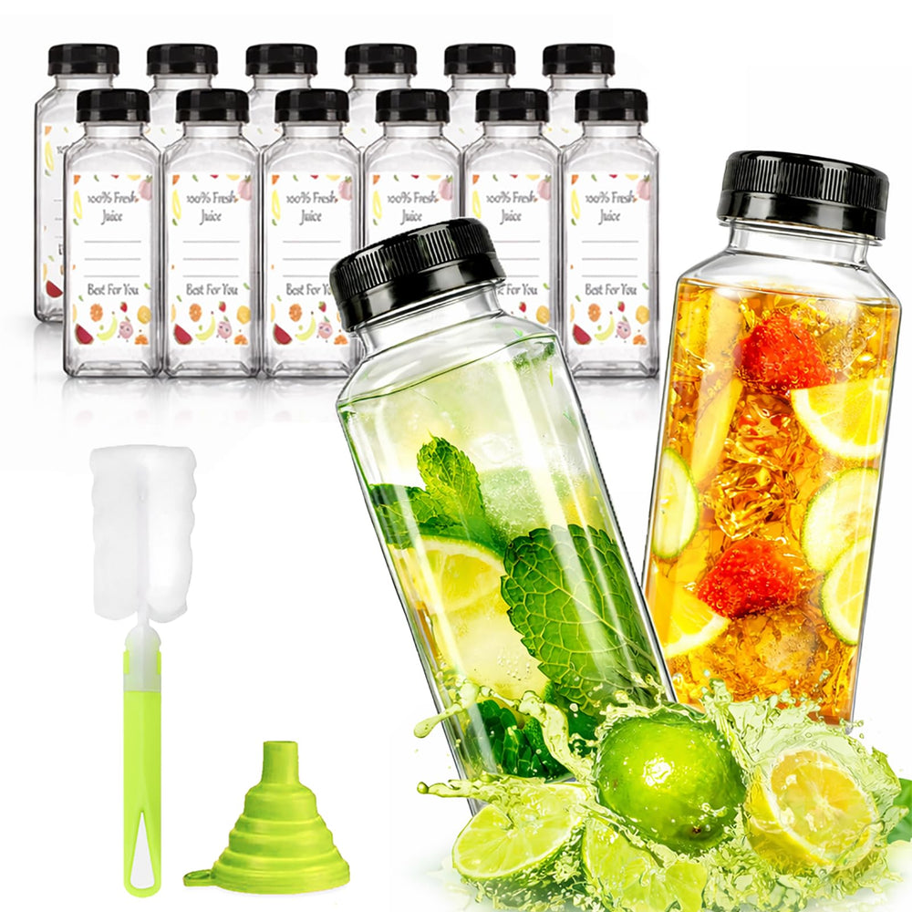 12pcs 12oz Plastic Juice Bottles, Reusable Juice Containers with Black Tamper Proof Lids, Brush, Funnel and Labels, Clear Juice Containers for Juicing, Smoothie and Homemade Beverages