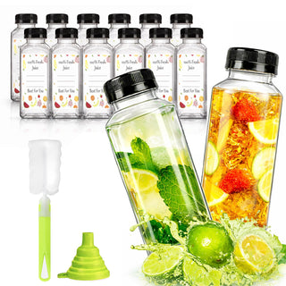 12pcs 12oz Plastic Juice Bottles, Reusable Juice Containers with Black Tamper Proof Lids, Brush, Funnel and Labels, Clear Juice Containers for Juicing, Smoothie and Homemade Beverages