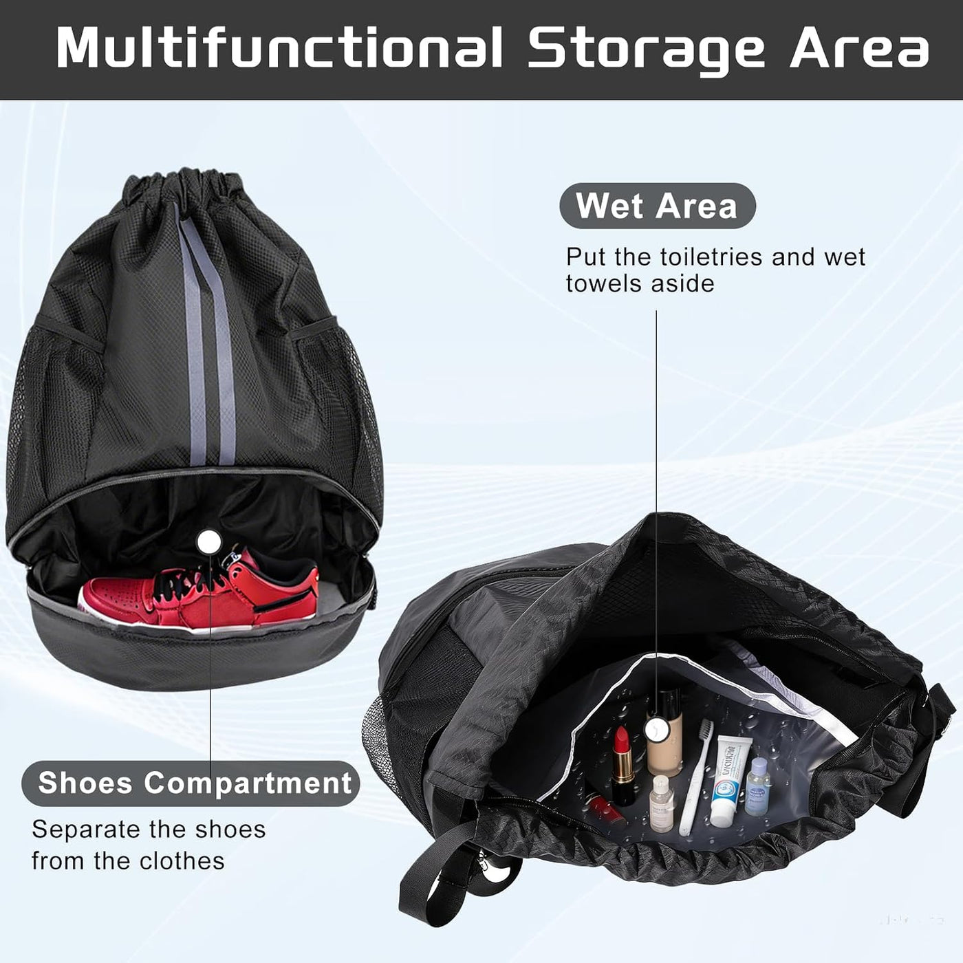 Sports Drawstring Backpack with Shoes Compartment, String Gym Bag with Wet Proof Pocket for Basketball, Soccer, Swim, Black Sport Bag for Men and Women