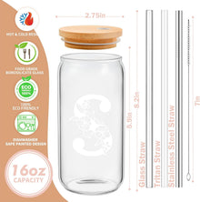 Personalized Tumbler, Monogrammed Can Glass Cups with Bamboo Lids and Straws, Customized Gifts for Women, Cute Design Initial Iced Coffee glasses, Custom Letter Mug, Birthday Bridesmaid, W