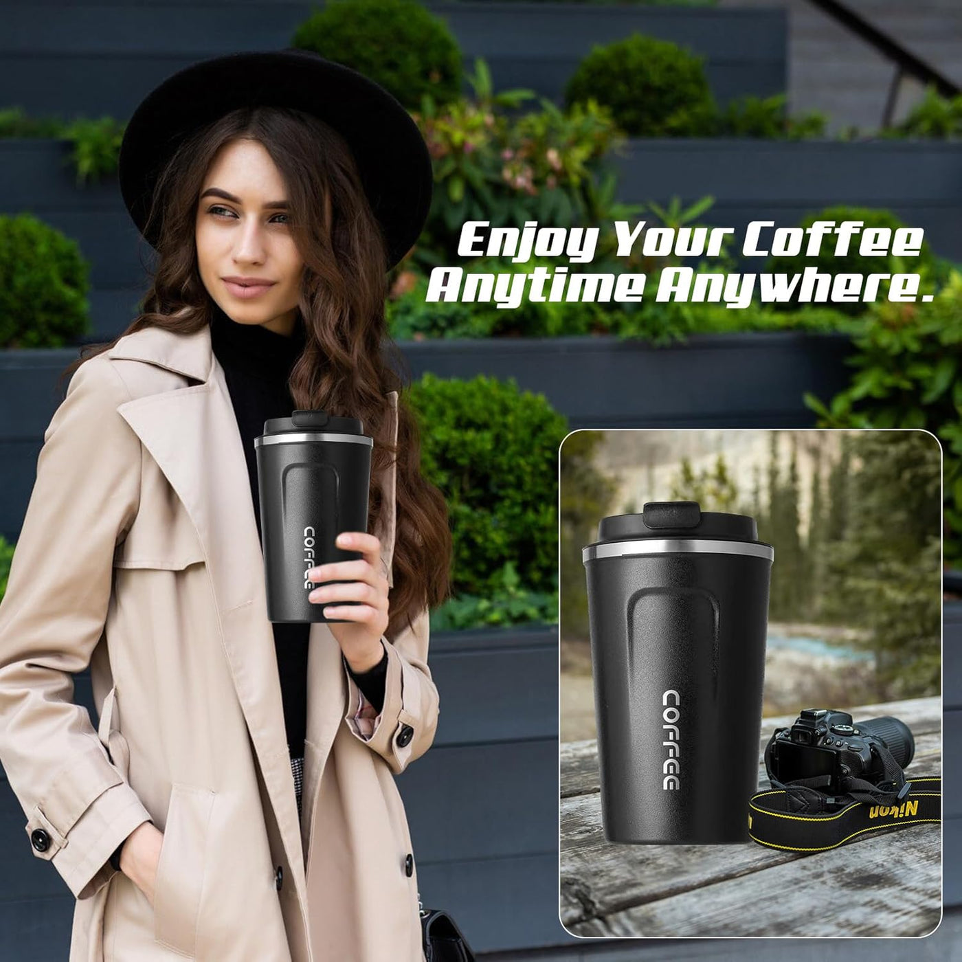 SPLMIFA Travel coffee mugs leak-proof, reusable coffee cups with lids, stainless steel vacuum insulated coffee tumblers, thermal insulation cups for men & women keep drinks hot & cold(2nd-Black, 12OZ)