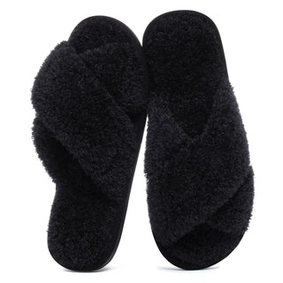 Evshine Women's Fuzzy Slippers Cross Band Memory Foam House Slippers Open Toe