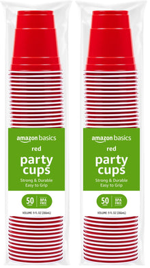Amazon Basics Sturdy Disposable Plastic Party Cups for Cold Drinks, Red, 18oz, 50 Count, BPA-Free
