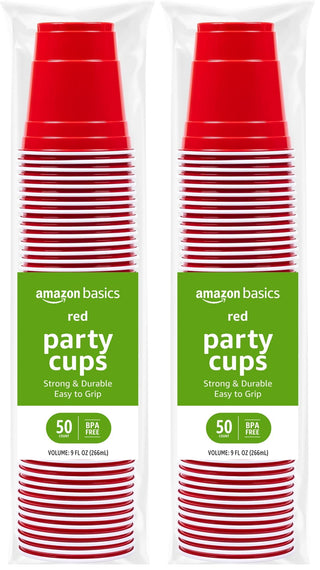 Amazon Basics Sturdy Disposable Plastic Party Cups for Cold Drinks, Red, 18oz, 50 Count, BPA-Free