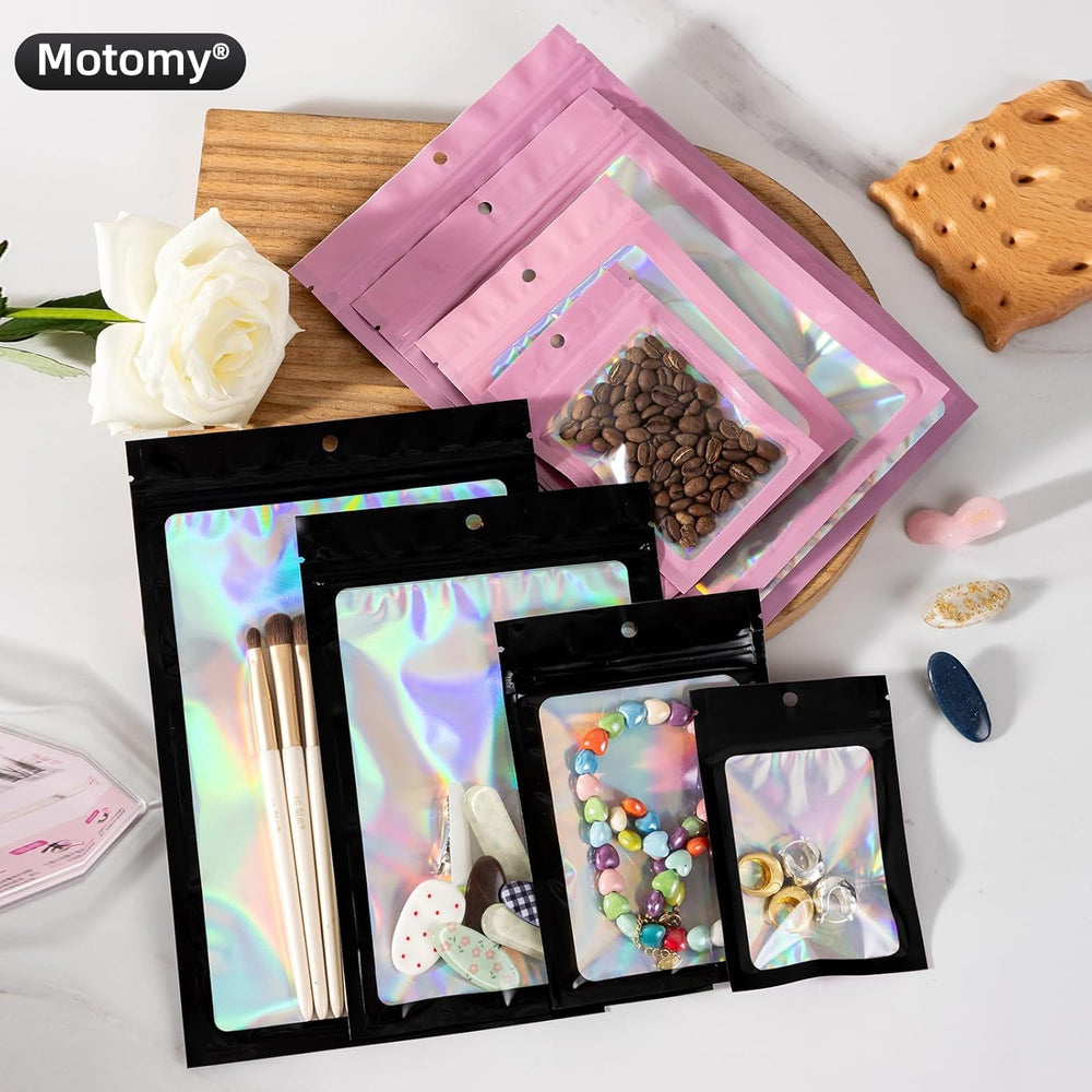 50Pcs Black Holographic Mylar Bags, 5.5x7.8 inch Resealable Foil Zipper Pouches for Gummies, Party Favors, Small Business Packaging