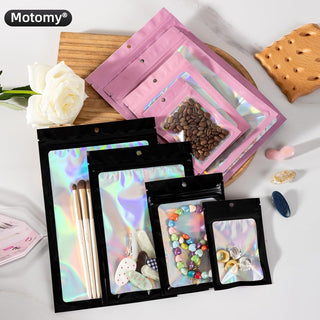 50Pcs Black Holographic Mylar Bags, 5.5x7.8 inch Resealable Foil Zipper Pouches for Gummies, Party Favors, Small Business Packaging