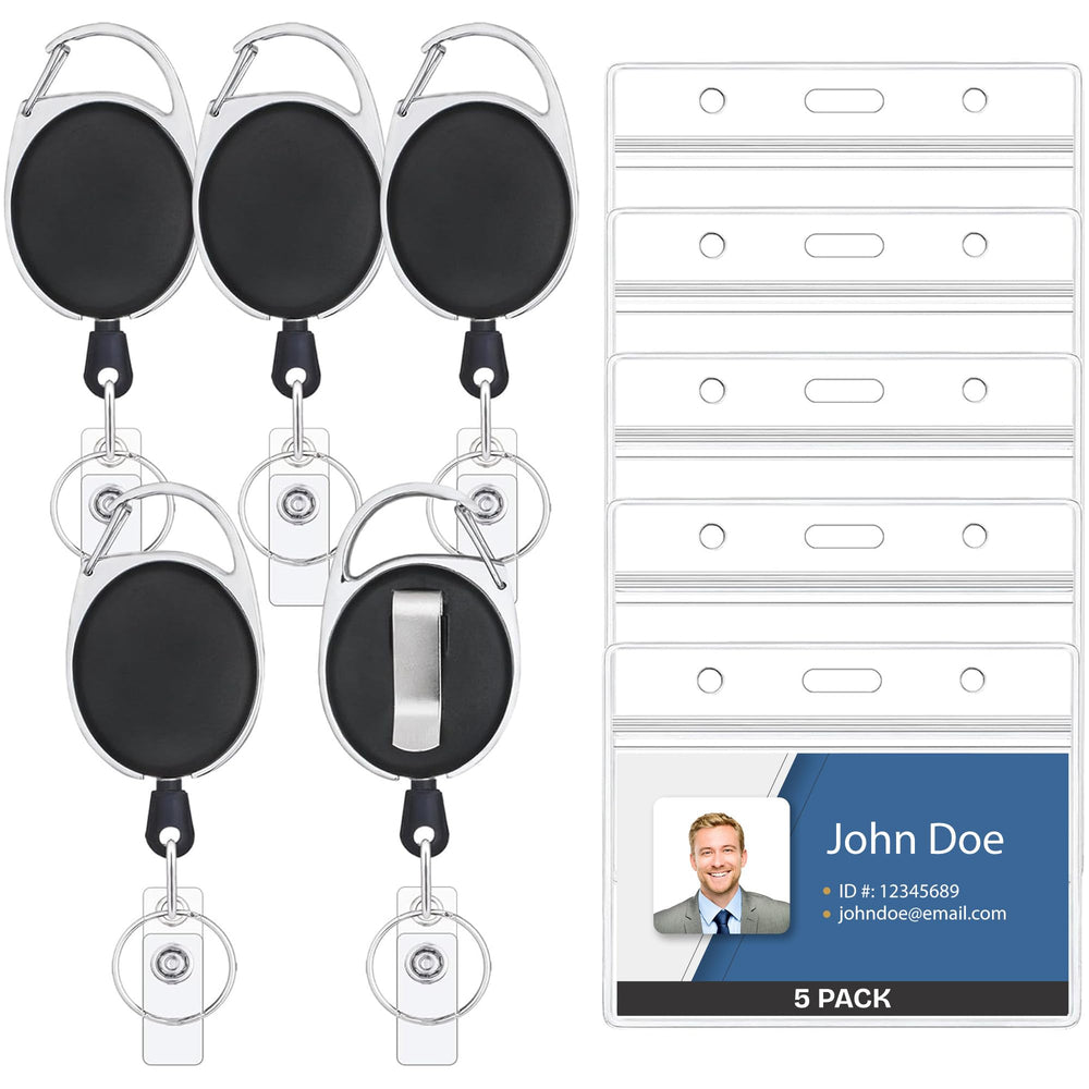 Will Well ID Badge Holders with Clip and Keyring - Vertical Clear Plastic 2.52" x 3.58" Sleeves Fit Up to 3 Cards - Retractable 24" UHMWPE Fiber Pull Cords for Easy Access - 2-Pack, Black Reels