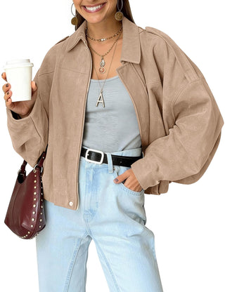 Kissonic Womens Faux Suede Bomber Jacket Oversized Batwing Long Sleeve Zip Up Cropped Coat Streetwear
