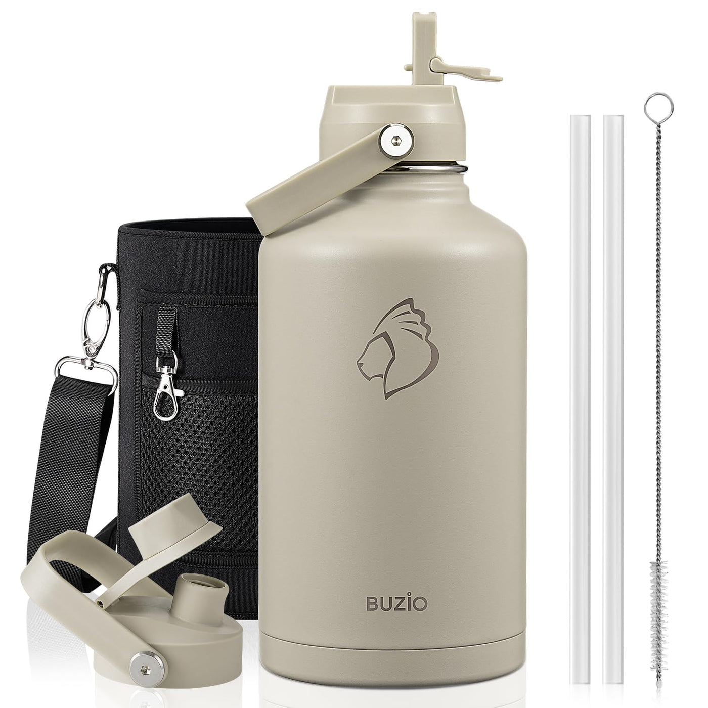 BUZIO 40oz Insulated Water Bottle, Triple Wall Vacuum Stainless Steel Water Flask with 2 lids, Lead-Free BPA-Free Straw Lid Sports Canteen Jug, Cold 48H & Hot 24H- Black