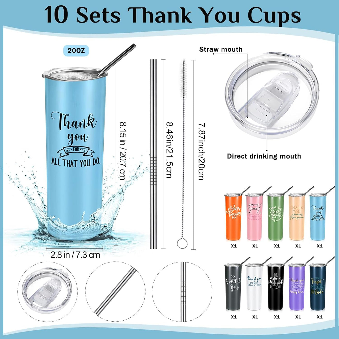 Amyhill 10 Pack Thank You Cup Teacher Appreciation Gifts Thanks Tumbler 20 oz Inspirational Stainless Steel Mug with Lids for Women Coworker Employee Nurse Assistant End of Year Teacher Gifts