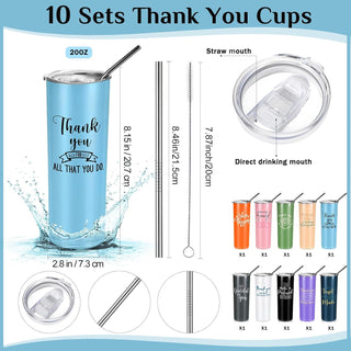 Amyhill 10 Pack Thank You Cup Teacher Appreciation Gifts Thanks Tumbler 20 oz Inspirational Stainless Steel Mug with Lids for Women Coworker Employee Nurse Assistant End of Year Teacher Gifts