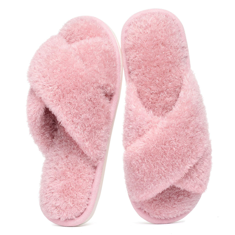 Evshine Women's Fuzzy Slippers Cross Band Memory Foam House Slippers Open Toe