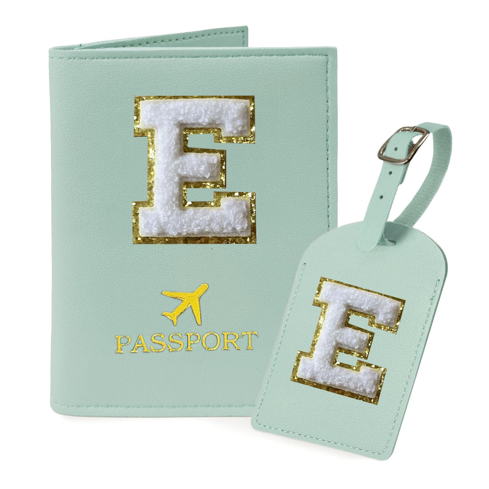 COSHAYSOO Purple Passport Cover Holder and Initial Luggage Tag Set TSA Approved with Personalized Monogram Chenille Letter Patch for Women Teen Girls, Cute Travel Bag Suitcase Identifier (A)