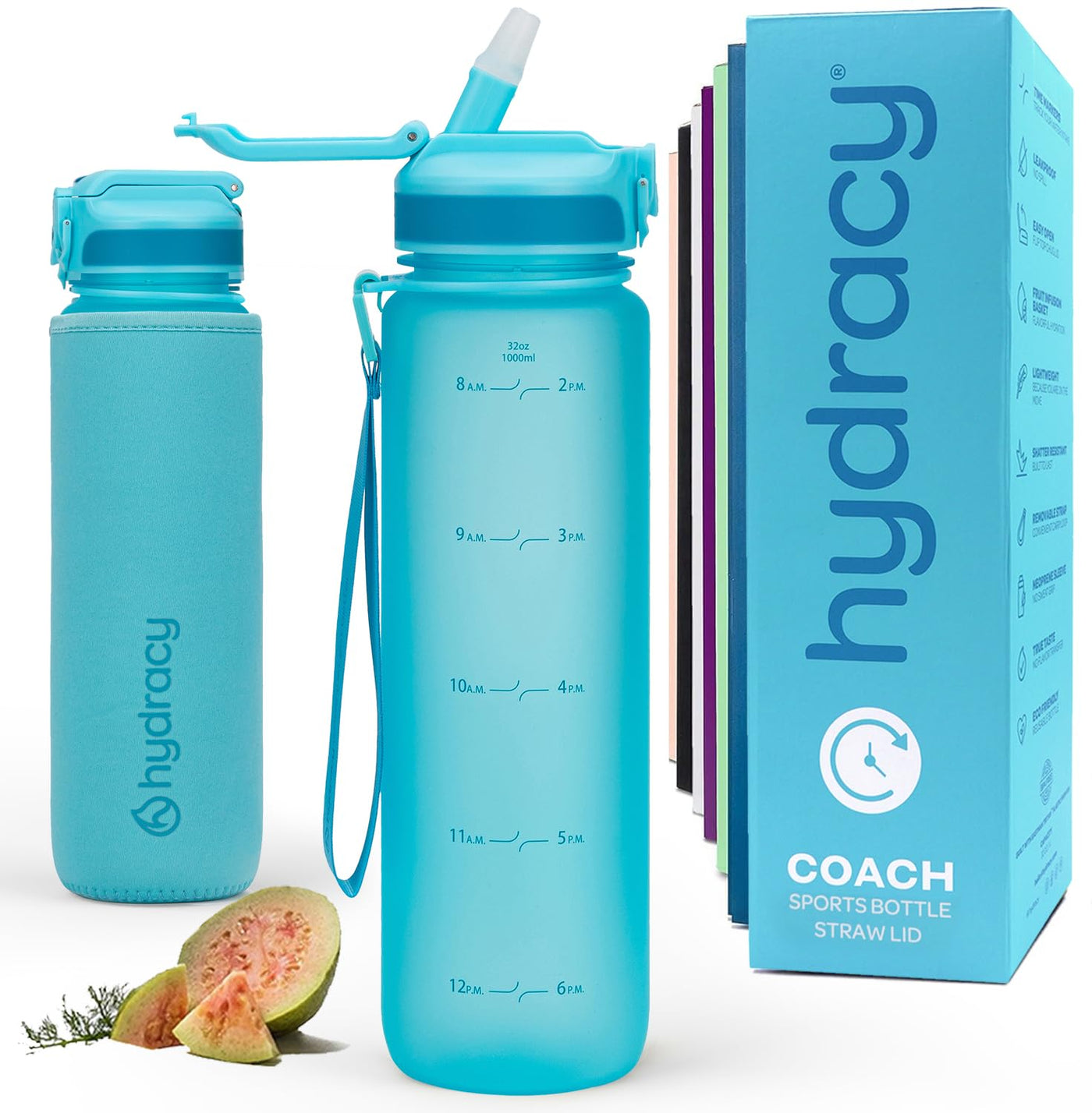 Hydracy Water Bottle with Time Marker -Large BPA Free Water Bottle & No Sweat Sleeve -Leak Proof Gym Bottle with Times to Drink - Ideal for Fitness Sports & Outdoors