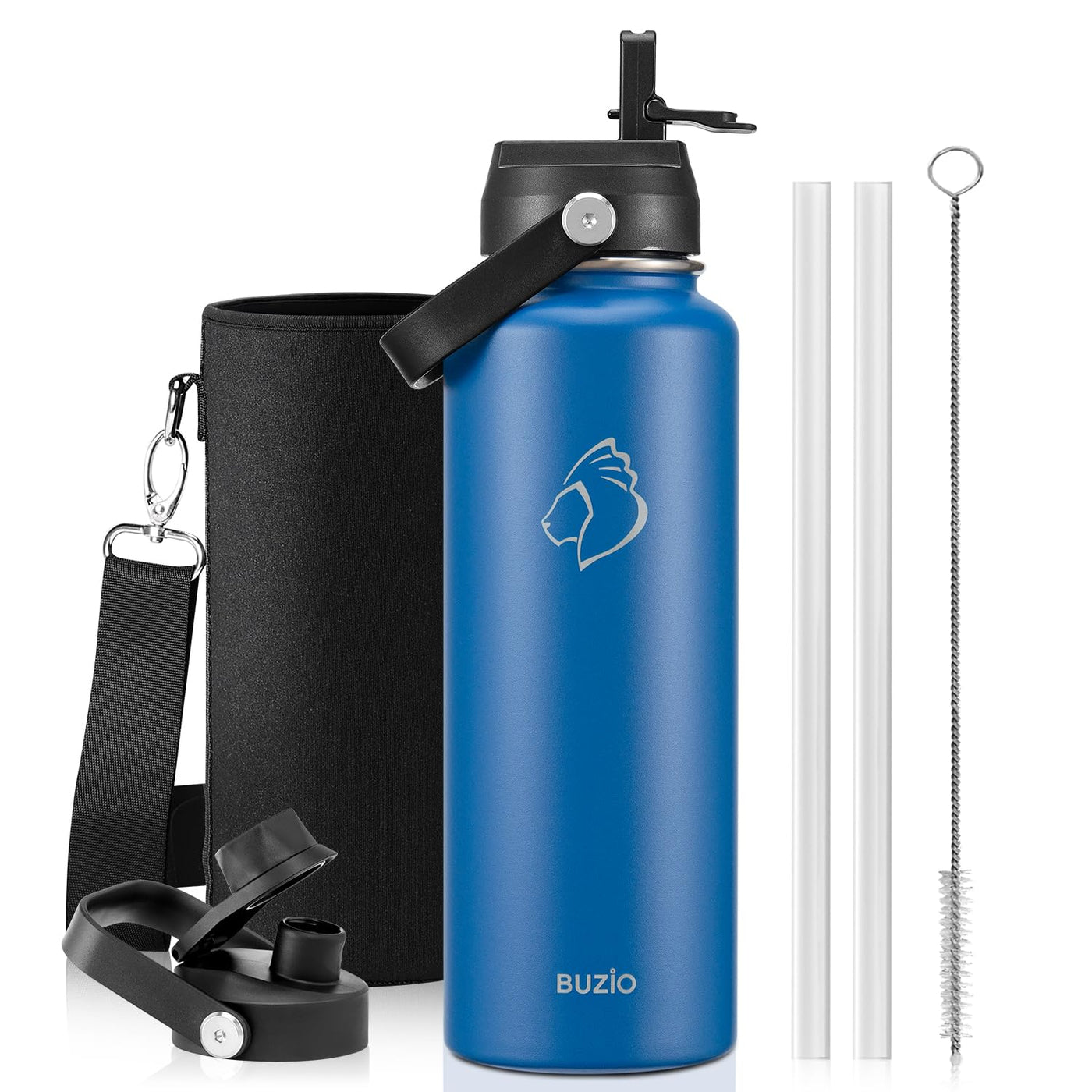BUZIO 40oz Insulated Water Bottle, Triple Wall Vacuum Stainless Steel Water Flask with 2 lids, Lead-Free BPA-Free Straw Lid Sports Canteen Jug, Cold 48H & Hot 24H- Black